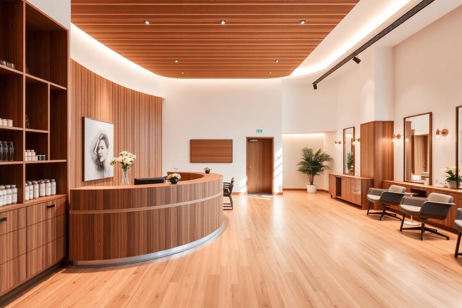 Recepção e lounge do salão com madeira e luz suave