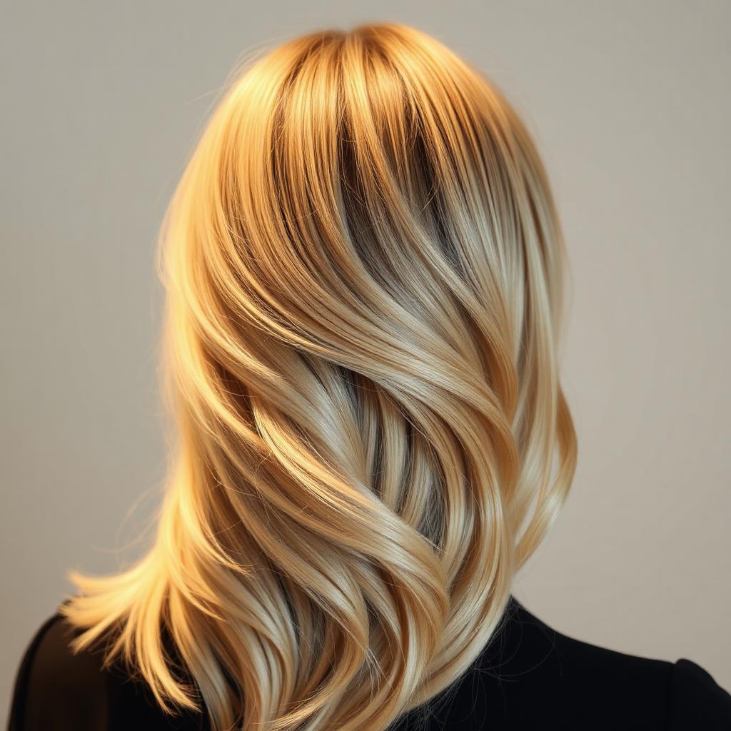 Cabelo loiro com ondas e brilho, visto de costas