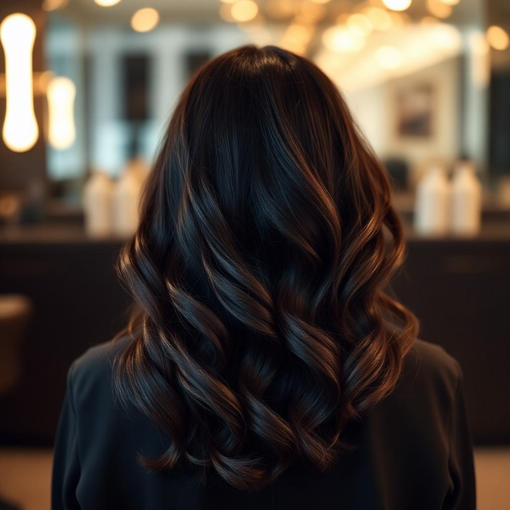Cabelo escuro com textura e reflexos, visto de costas