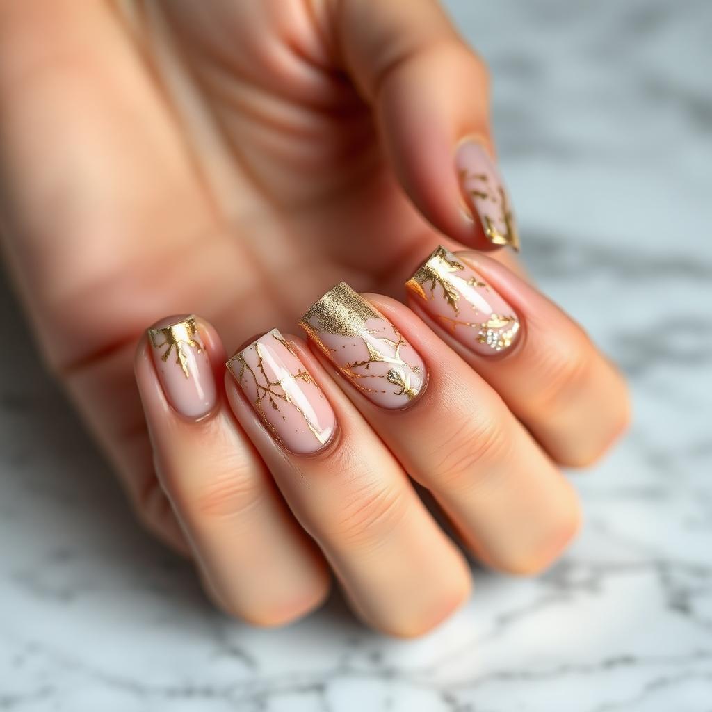 Unhas com nail art e detalhes dourados