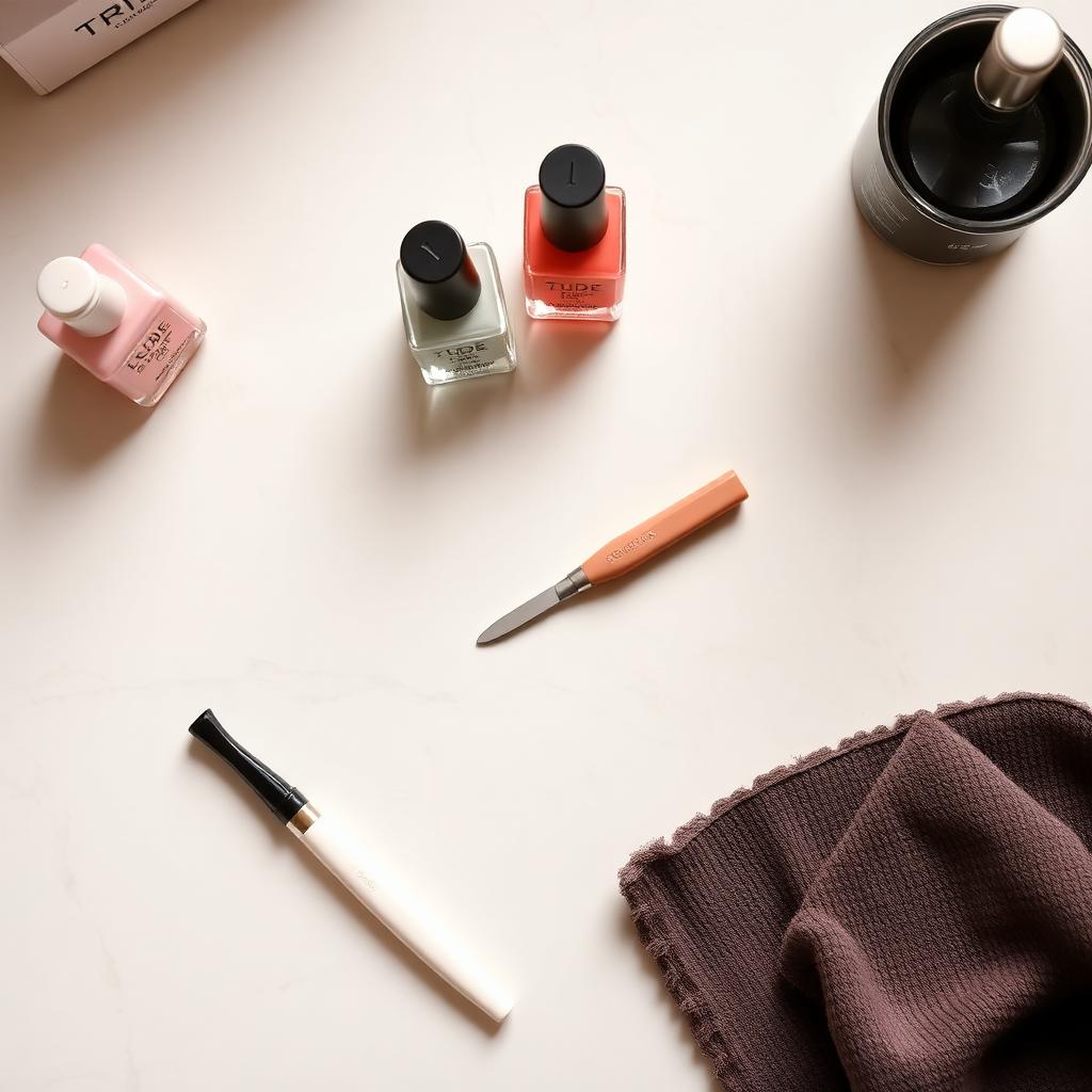 Bancada de manicure com esmaltes e ferramentas