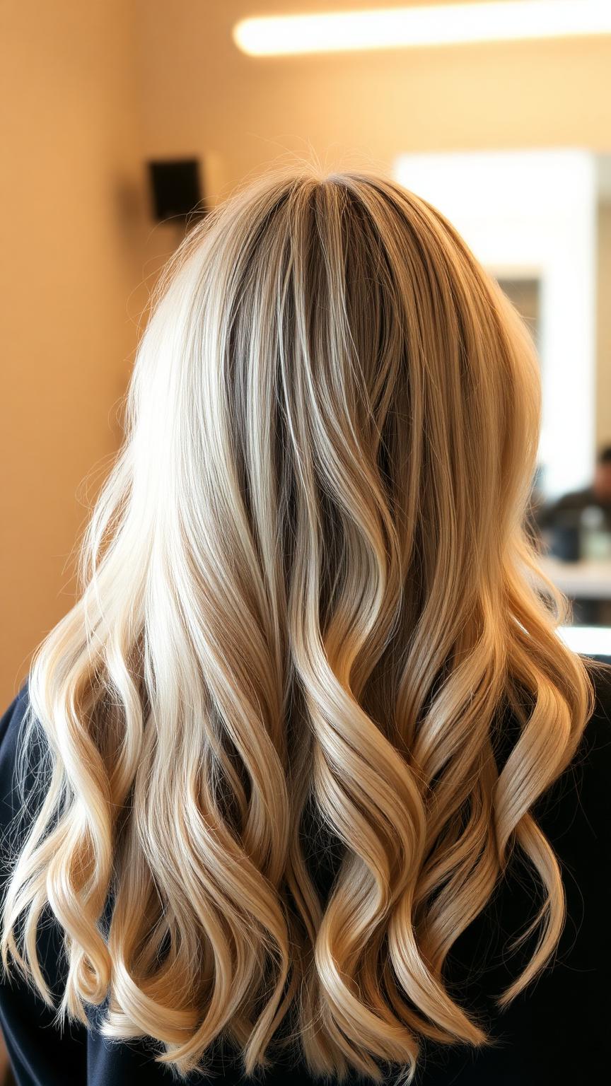 Cabelo loiro iluminado com textura, visto de costas